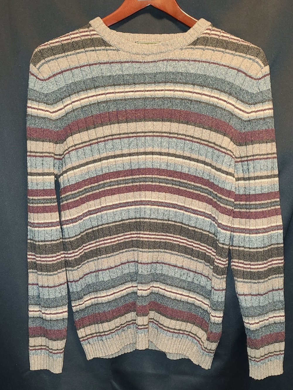 Vtg Eddie Bauer Striped Crewneck Sweater — Beige, Gray, Blue, Burgundy